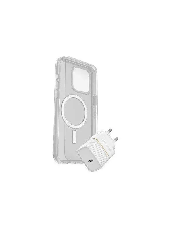 OtterBox KIT Apple iPhone 15 Pro Max (Symmetry Clear MagSafe / Premium Glass AM / EU USB-C Wall Charger 30W - white)