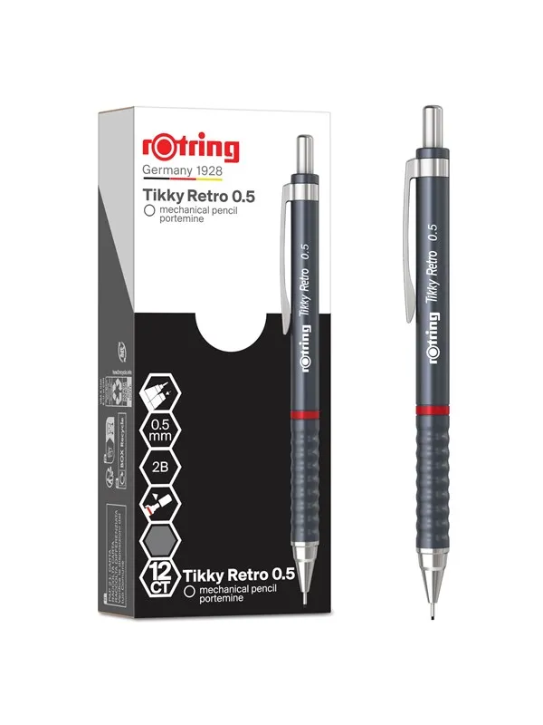 Rotring Tikky Retro Mechanical Pencils | 2B 0.5 mm | Grey Barrels | with Comfort Rippled Grip | 12 Count