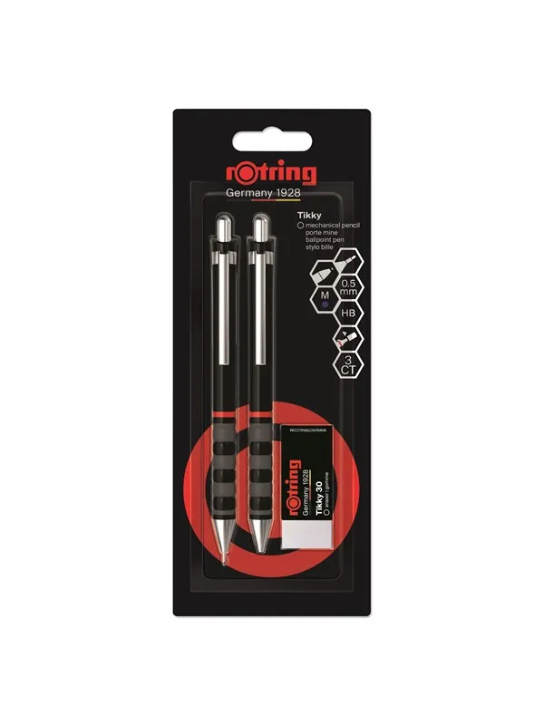 Rotring Tikky Mechanical Pencil Ballpoint & Eraser Set | HB Lead 0.5 mm Pencil | Medium Point Pen | Black Barrel