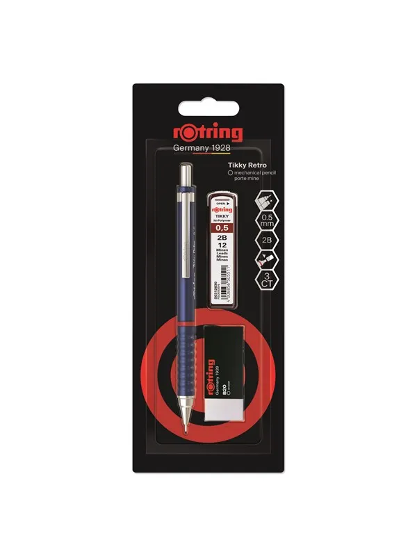 Rotring Tikky Retro Mechanical Pencil & Eraser Set | 2B lead 0.5 mm | Blue Barrel