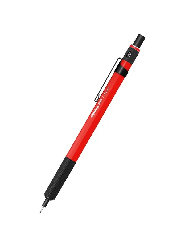 Rotring 500 Mechanical Pencil | 0.5mm HB Lead | Red hexagonal plastic barrel and non-slip textured metal grip