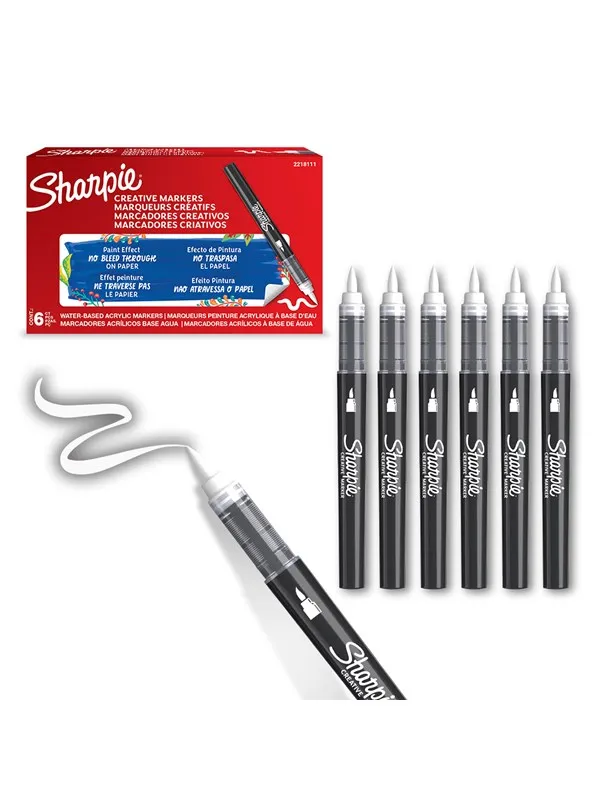 Sharpie Creative Marker Acrylic Paint Pens | Brush Tip Water-Based Paint Markers | White | 6 Count