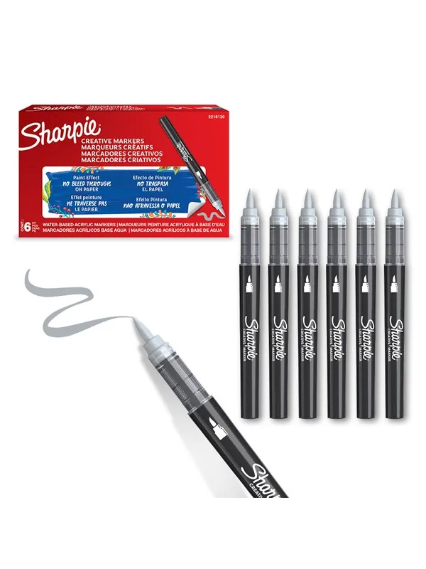 Sharpie Creative Marker Acrylic Paint Pens | Brush Tip Water-Based Paint Markers | Cool Grey | 6 Count