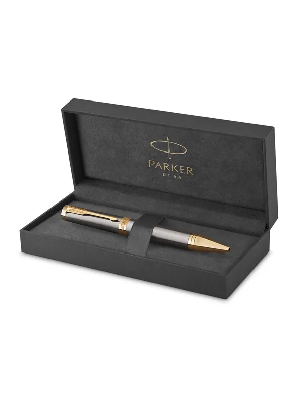 Parker Ingenuity Ballpoint Pen | Grey Lacquer with Gold Trims | Medium Point | Black Ink Refill | Gift Box