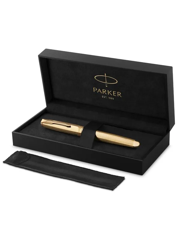 Parker Sonnet Ciselé Special Edition Fountain Pen gold Finish Cap .Barrel and Trims Medium 18k Solid Gold Nib Black Ink and Convertor