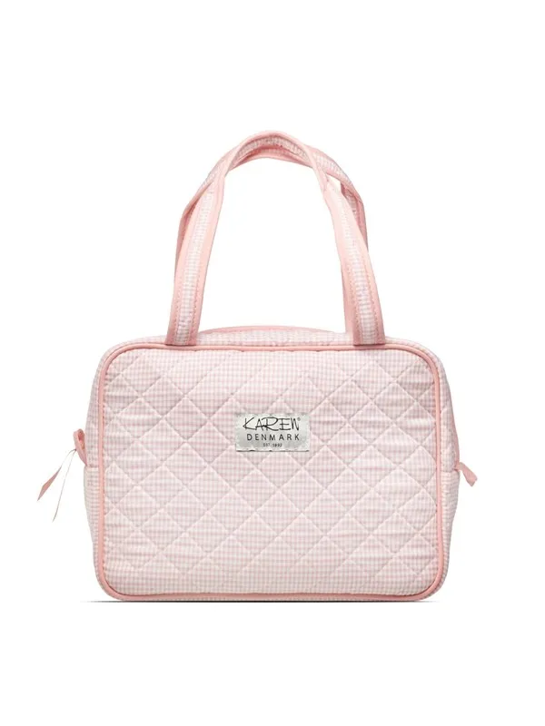 Karen Large toiletry bag with handle in pink checkered quilt