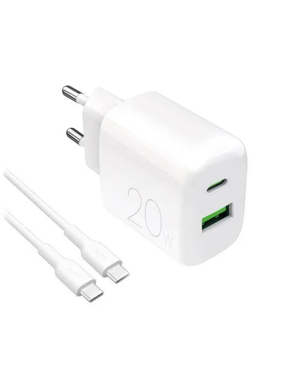 Puro PROLITE 20W USB-A / USB-C Wall Charger + USB-C - USB-C 1.2m Cable - White