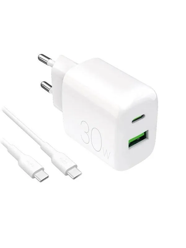 Puro  PROLITE 30W USB-A / USB-C Wall Charger + USB-C - USB-C 1.2m Cable - White