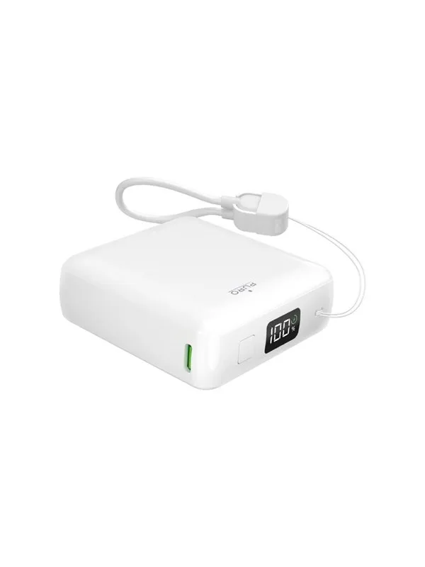 Puro 10000mAh 20W USB-C USB-A power bank with display and built-in USB-C cable - white Nødlader - Hvit - 10000 mAh