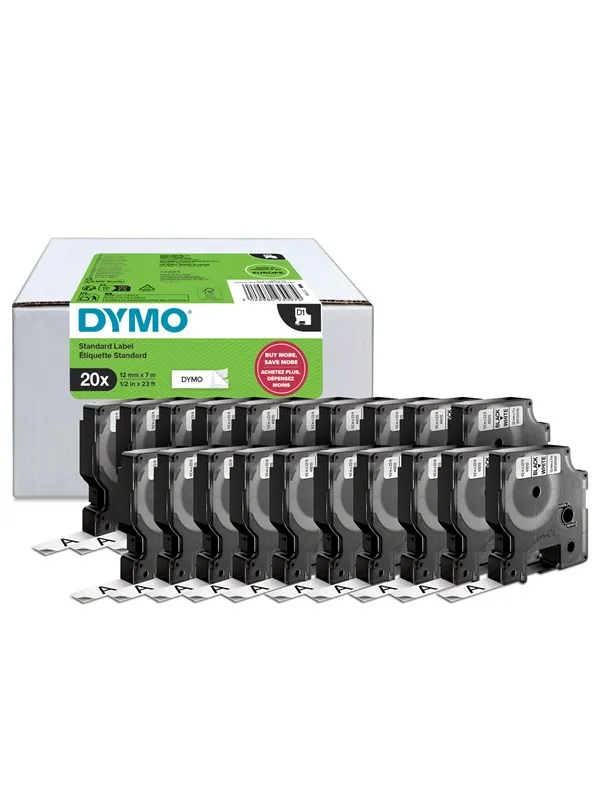 DYMO Authentic D1 Labels | Black Print on White | 12mm x 7m | Self-Adhesive Labels for LabelManager Label Printers | 20 Count