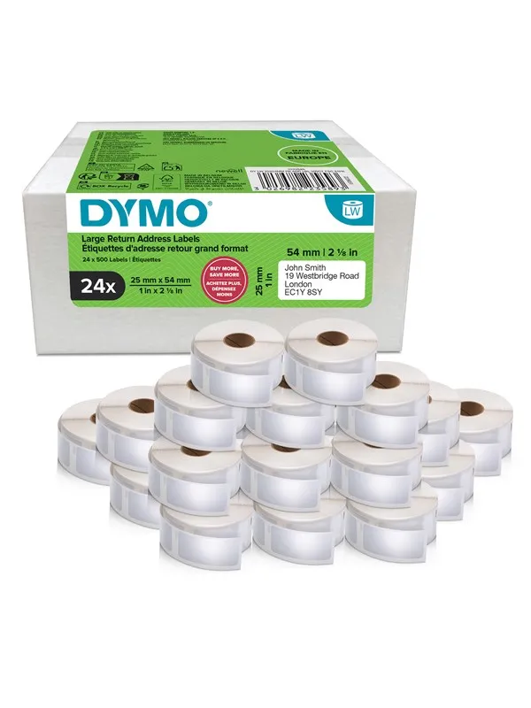 DYMO Authentic LabelWriter Return Address Labels | 25 mm x 54 mm | Self-Adhesive | 24 Rolls of 500 Easy-Peel Labels (12.000 Count) | for LabelWriter Label Makers | Made in Europe