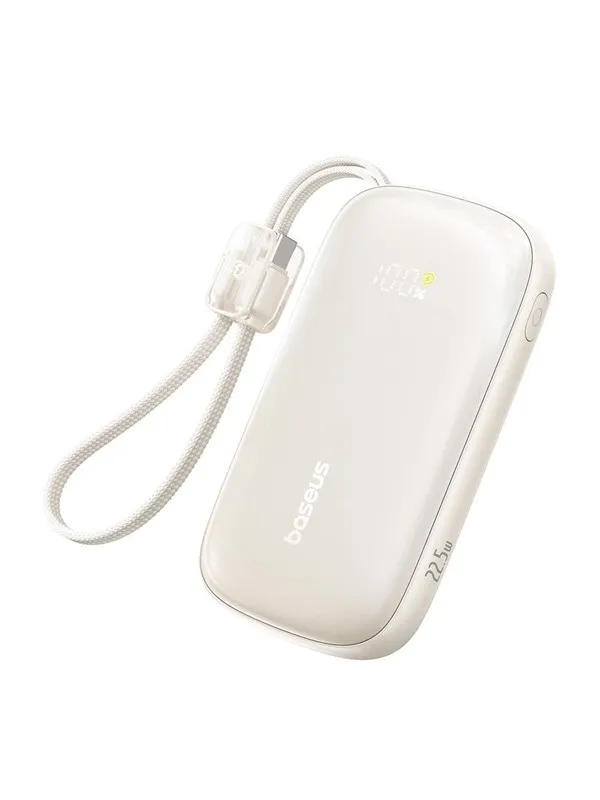 Baseus EnerFill FC21 Qpow 3 Ultra 10000mAh 22.5W Powerbank with attached cable lanyard - beige Nødlader - Beige - 10000 mAh