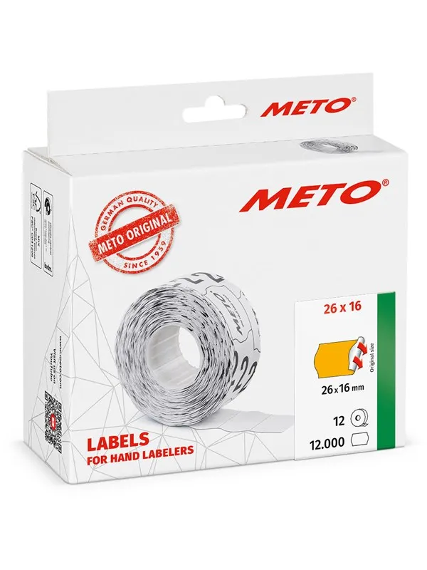 METO Prisetiketter,26x16mm, neonoransje, 12rl/1000