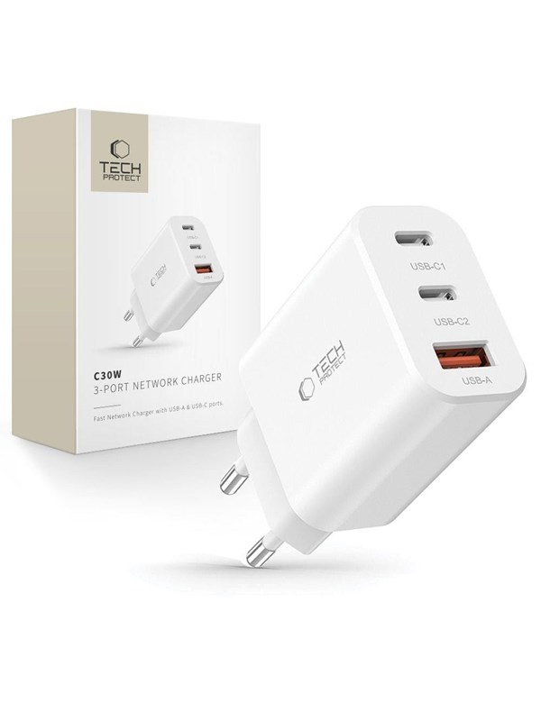 Tech-Protect NC30W AC Charger 2x USB-C PD 30W / USB-A QC 3.0 - White