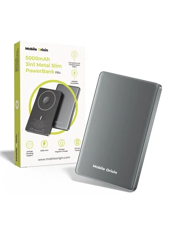 Mobile Origin 5000mAh 3in1 Metal Slim PowerBank PB4 Nødlader - Grey - 5000 mAh