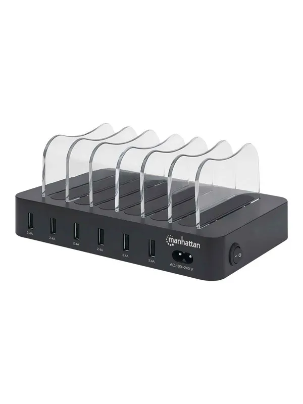 IC INTRACOM Manhattan Charging Station 6x USB-A Ports Outputs: 6x 2.4A Smart IC LED Indicator Lights Black Three Year Warranty Box