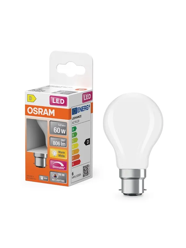 Osram LED-lyspære LED Comfort mini-ball frosted 806lm 5.5W/927 (60W) dimmable B22d