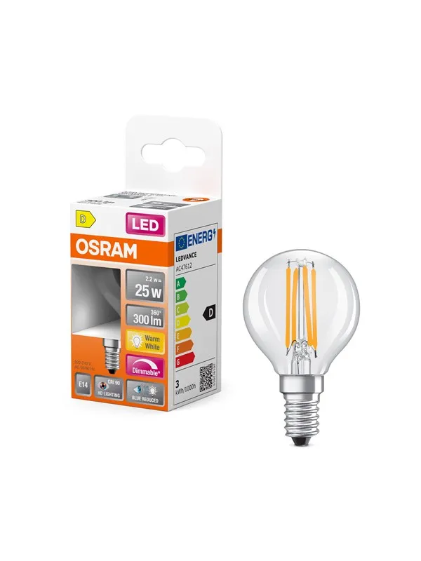 Osram LED-lyspære LED Comfort mini-ball clear 300lm 2.2W/927 (25W) dimmable E14