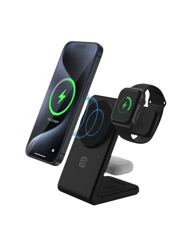 CRONG MagSpot Pivot Stand - 3-in-1 Wireless Charger with MagSafe for iPhone Apple Watch and AirPods - Black