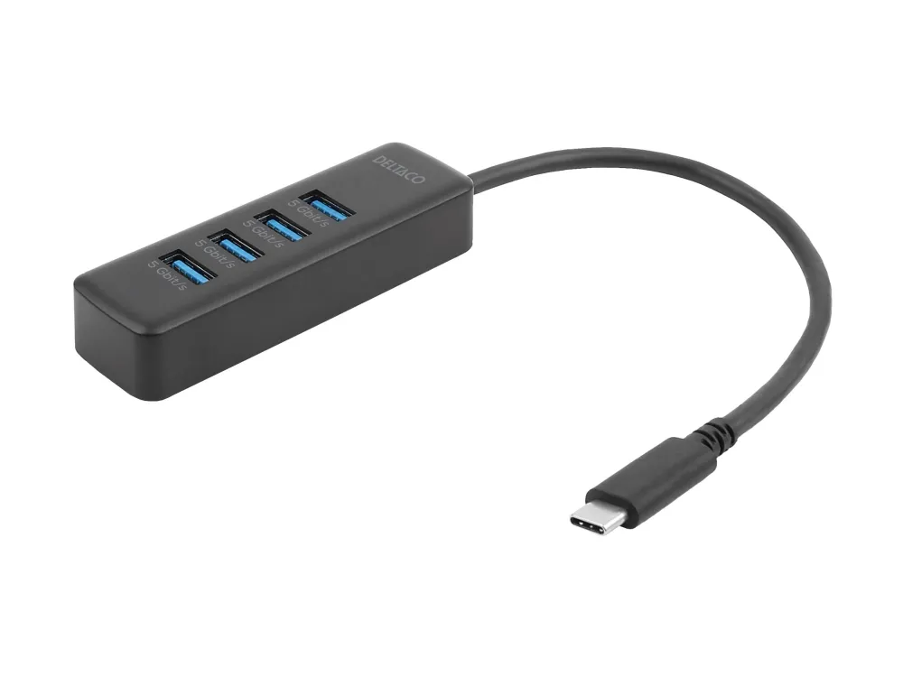 Deltaco USB-C hub 5 Gbps 4x USB-A slim black USB-hub - 4 porter - Svart