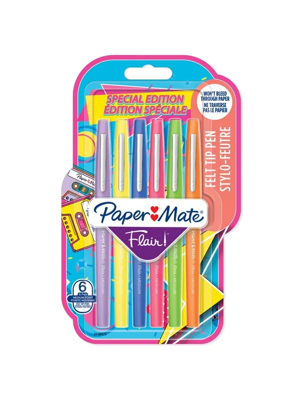 Paper Mate Flair filtpenner | Middels punkt (0,7 mm) | Assorterte retrofarger | 6 Stk