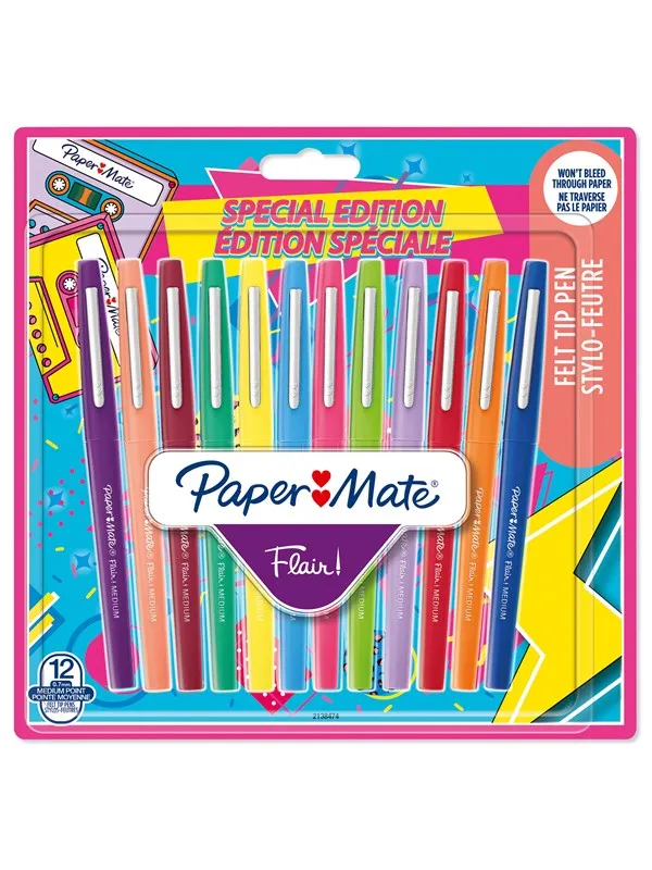 Paper Mate Flair filtpenner | Middels punkt (0,7 mm) | Assorterte retrofarger | 12 Stk