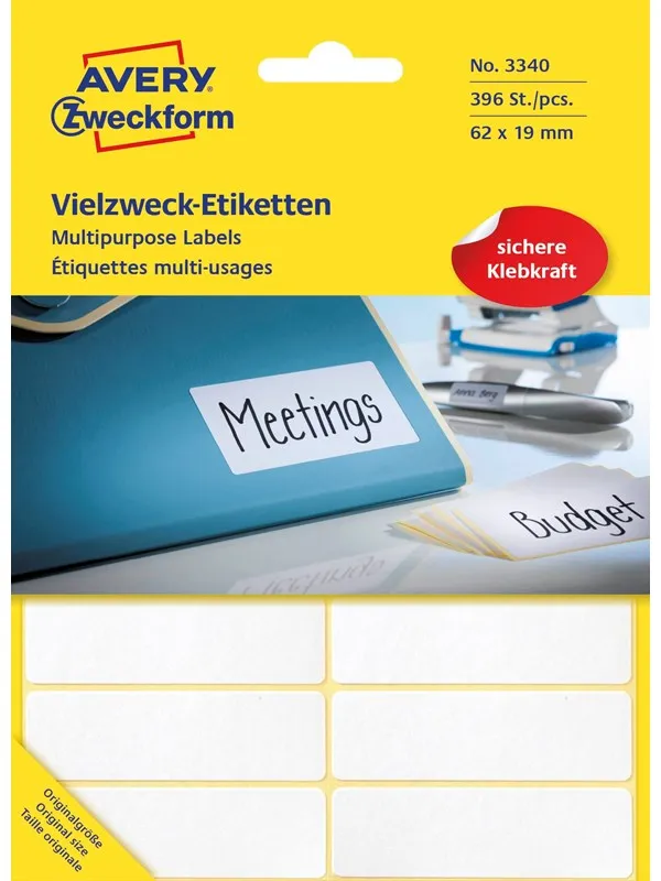 Avery Universaletiketter, 62 x 19 mm, 392 Etiketter, Hvit