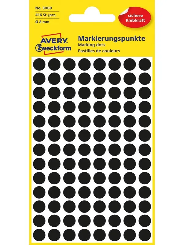 Avery Matriseklistremerker, Ø 8 mm, 416 Etiketter, Svart