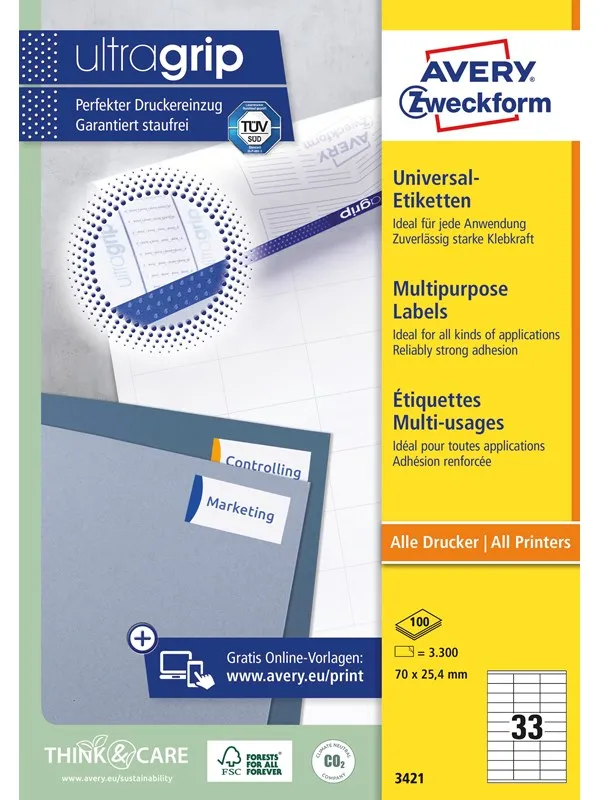 Avery Universaletiketter, 70 x 25,4 mm, 3.300 Etiketter, Hvit
