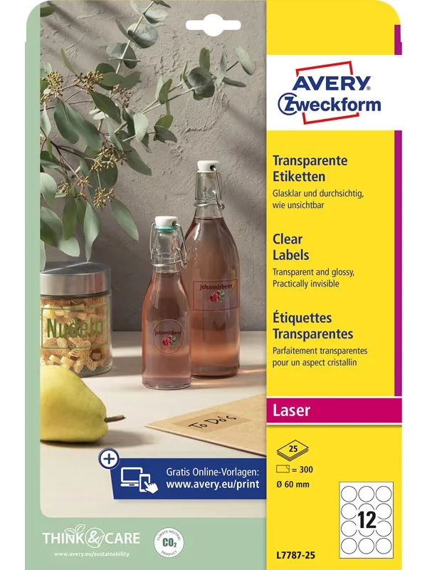 Avery Gjennomsiktige etiketter, Ø 60 mm, 300 Etiketter, Transparent