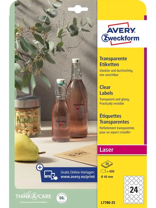 Avery Crystal Clear-etiketter, Ø 40 mm, 600 Etiketter, Transparent