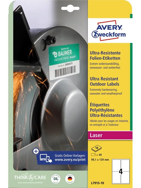 Avery Ultra Resistant Outdoor-etiketter, 99,1 x 139 mm, 40 Etiketter, Hvit