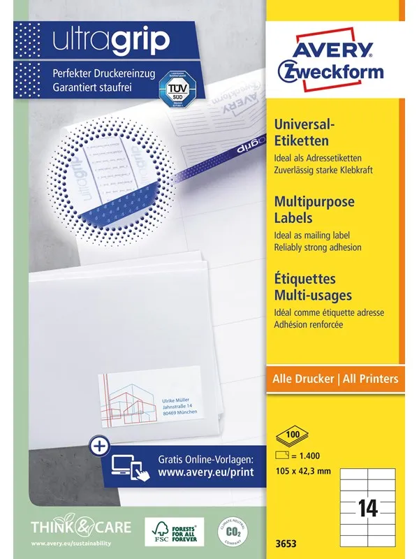 Avery Universaletiketter, 105 x 42,3 mm, 1.400 Etiketter, Hvit