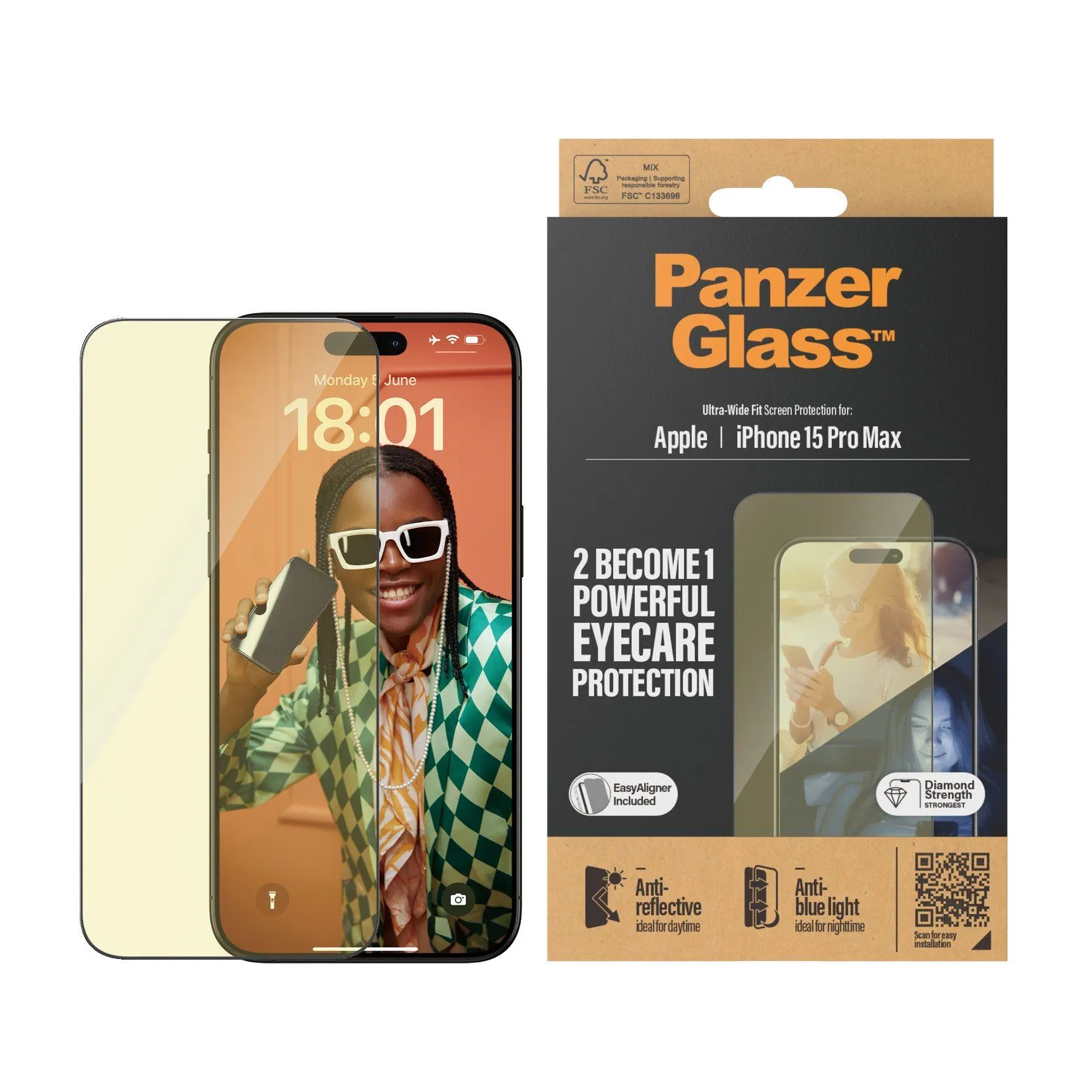 PanzerGlass Eyecare Screen Protection iPhone 15 Pro Max | Ultra-Wide Fit w. EasyAligner
