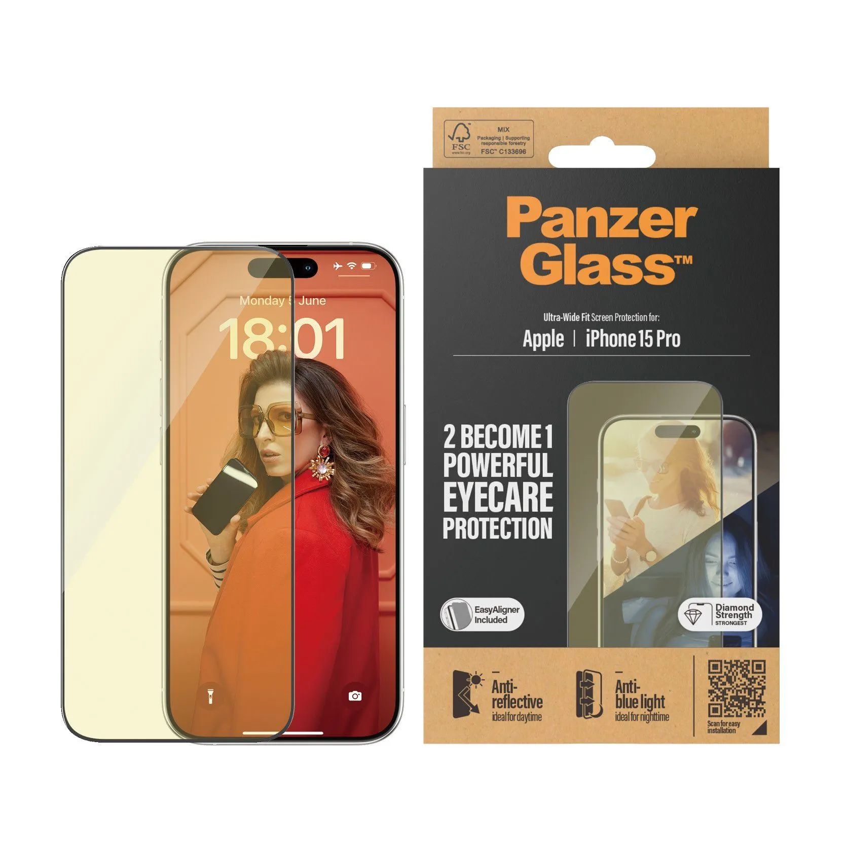 PanzerGlass Eyecare Screen Protection iPhone 15 Pro | Ultra-Wide Fit w. EasyAligner