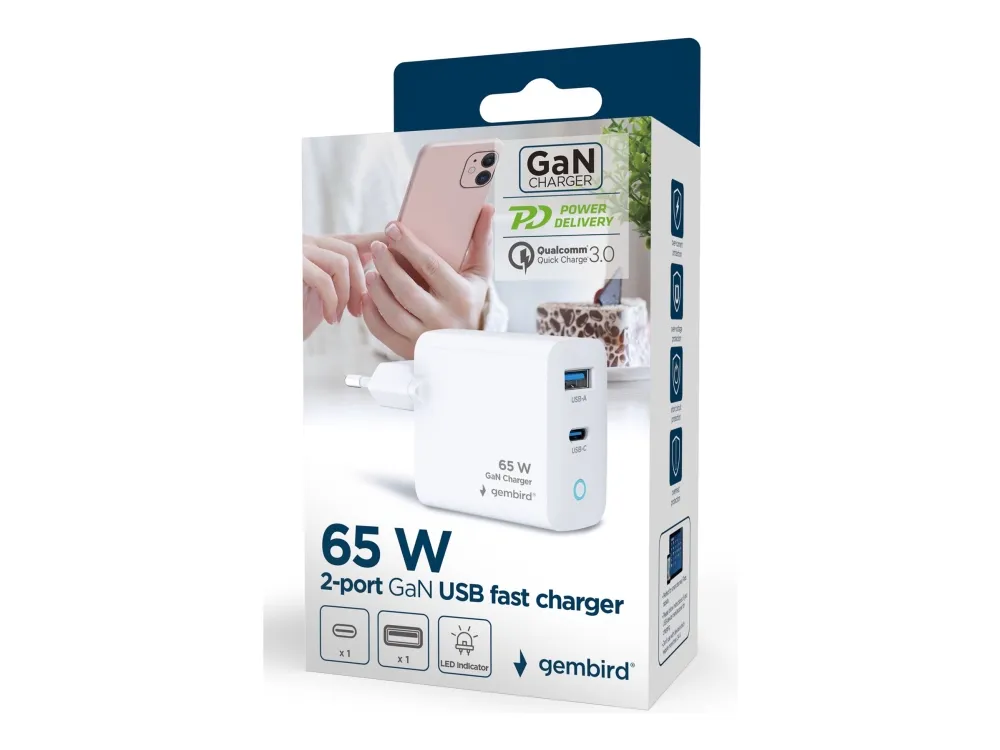 Gembird Universal GaN USB charger with LED QC 3.0 & PD 65W 2-port - White