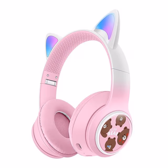 Trådløse On-Ear-hodetelefoner med glødende katteører og Bluetooth-spillhodesett – rosa