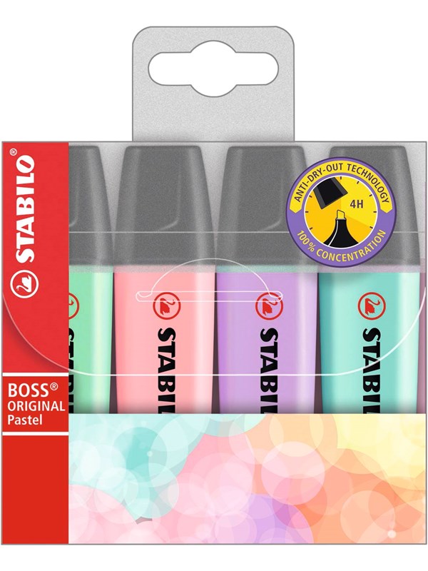 STABILO BOSS Original 4 Assorted Pastel colours highlighter with water-based ink refillable