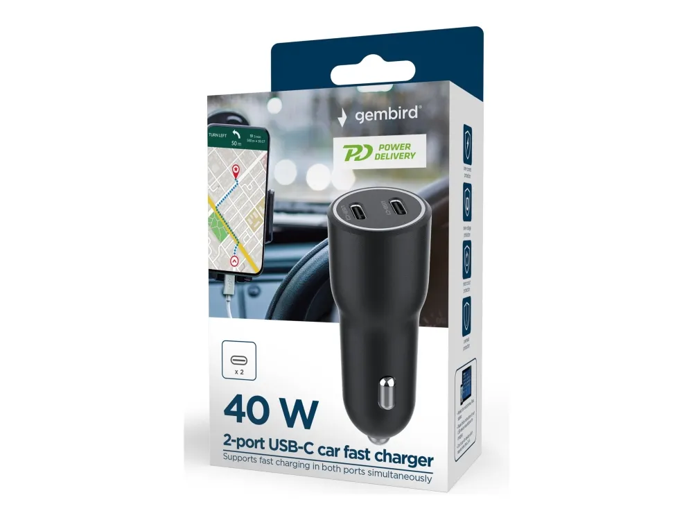 Gembird Car Power Adapter - USB Type-C PD - 40W