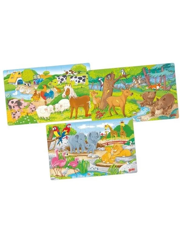 Goki Wooden Jigsaw Puzzle Animals Set of 3 Tre