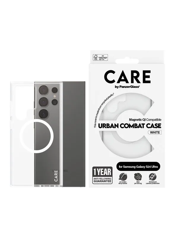 CARE by PanzerGlass Flagship Case Transparent Urban Combat w. White QI Compatible Samsung Galaxy S24 Ultra