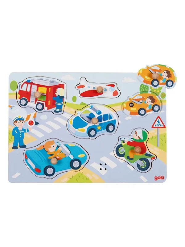 Goki Wooden Stud Puzzle Vehicles with Sound 6 pcs. Tre
