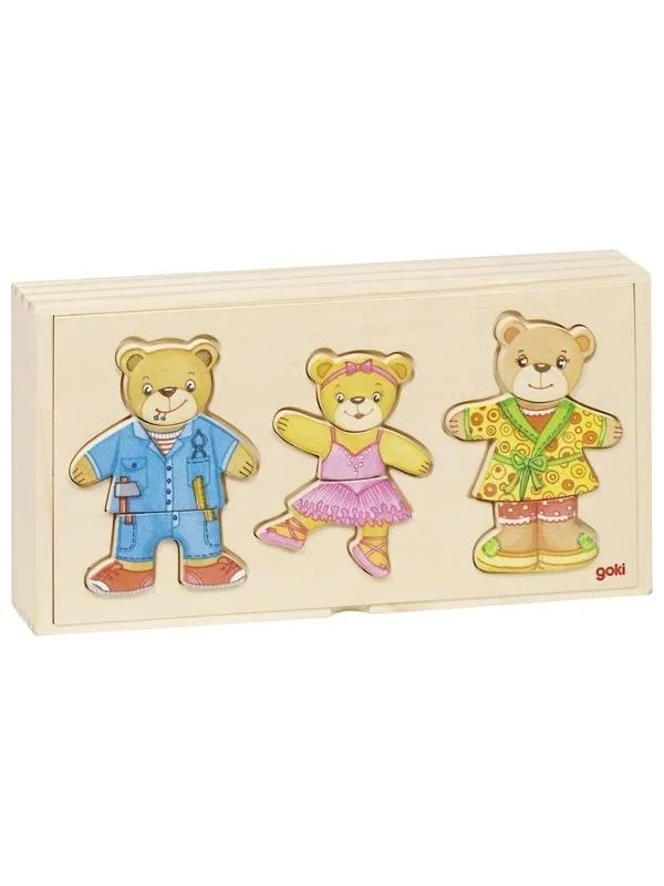 Goki Wooden Dress Up Puzzle Bears in Wooden Box 36 pcs. Tre