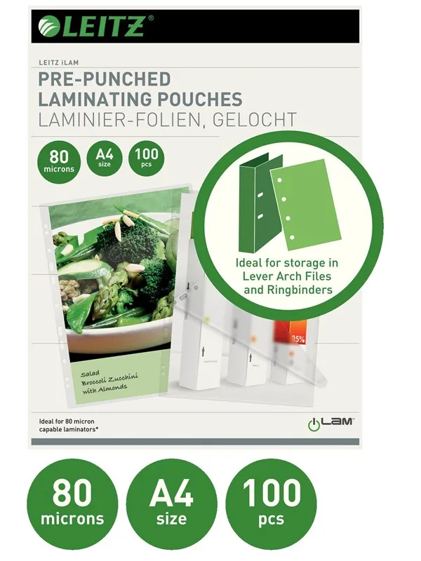 Leitz Lamineringslomme m/hull A4 80my, 100 stk.