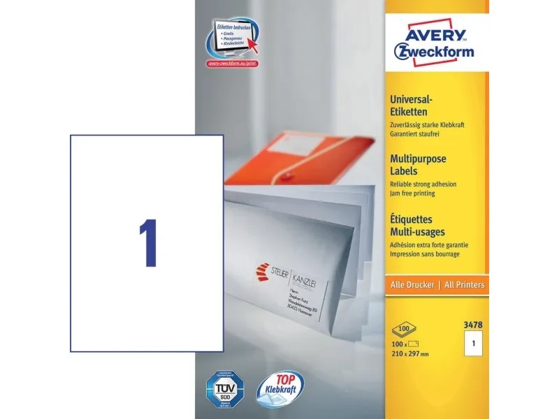 Avery Universaletiketter, 210 x 297 mm, 100 Etiketter, Hvit