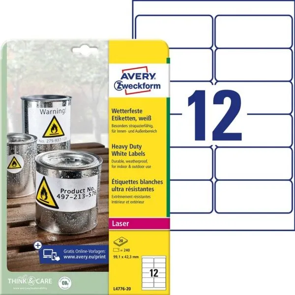 Avery Sterke etiketter, hvite , Tåler varme, kulde, fukt, utendørsbruk, 99,1 x 42,3 mm, Laser