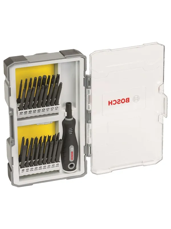 Bosch 37-delers skrutrekkersett med håndtak PH1-2-3; PZ1-2-3; SL5-6; TH8-11-15-20-25-27-30-40; TQ6-8-10; HEX2-2,5-3-4-5-6; TW 1-2-3-4; SP 4-6-8-10; R1-2-3