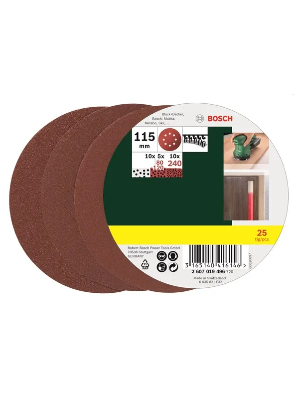 Bosch 25-delers slipepapirsett til eksentersliper, korning 80, 120, 240 115 mm