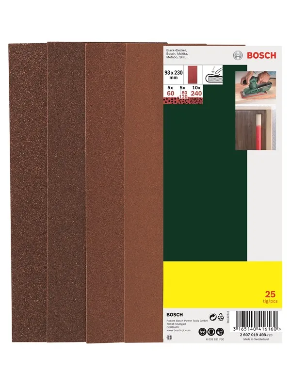 Bosch 25-delers slipepapirsett til plansliper, korning 60, 80, 120, 240 G= 60, 80, 120, 240, uten hull