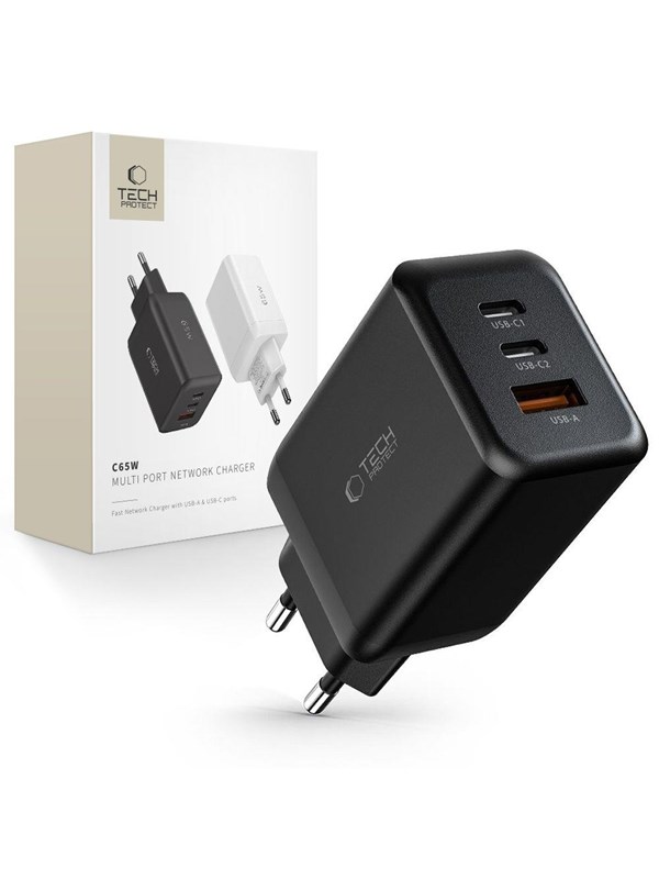 Tech-Protect C65W AC Charger 2x USB-C PD 65W / USB-A QC 3.0 - Black